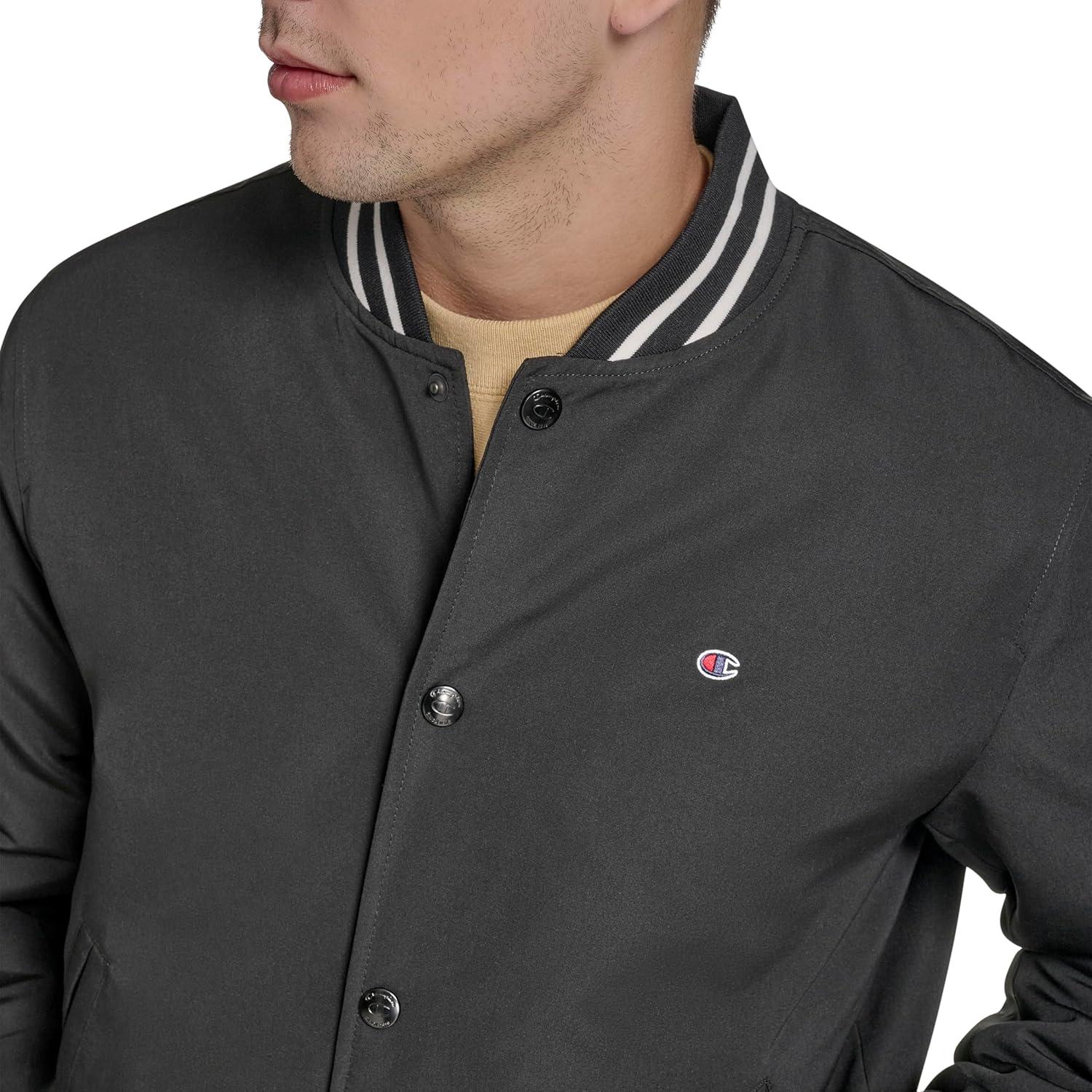 imageChampion mens Logo Stripedtrim Varsity JacketBlack Matte Filled