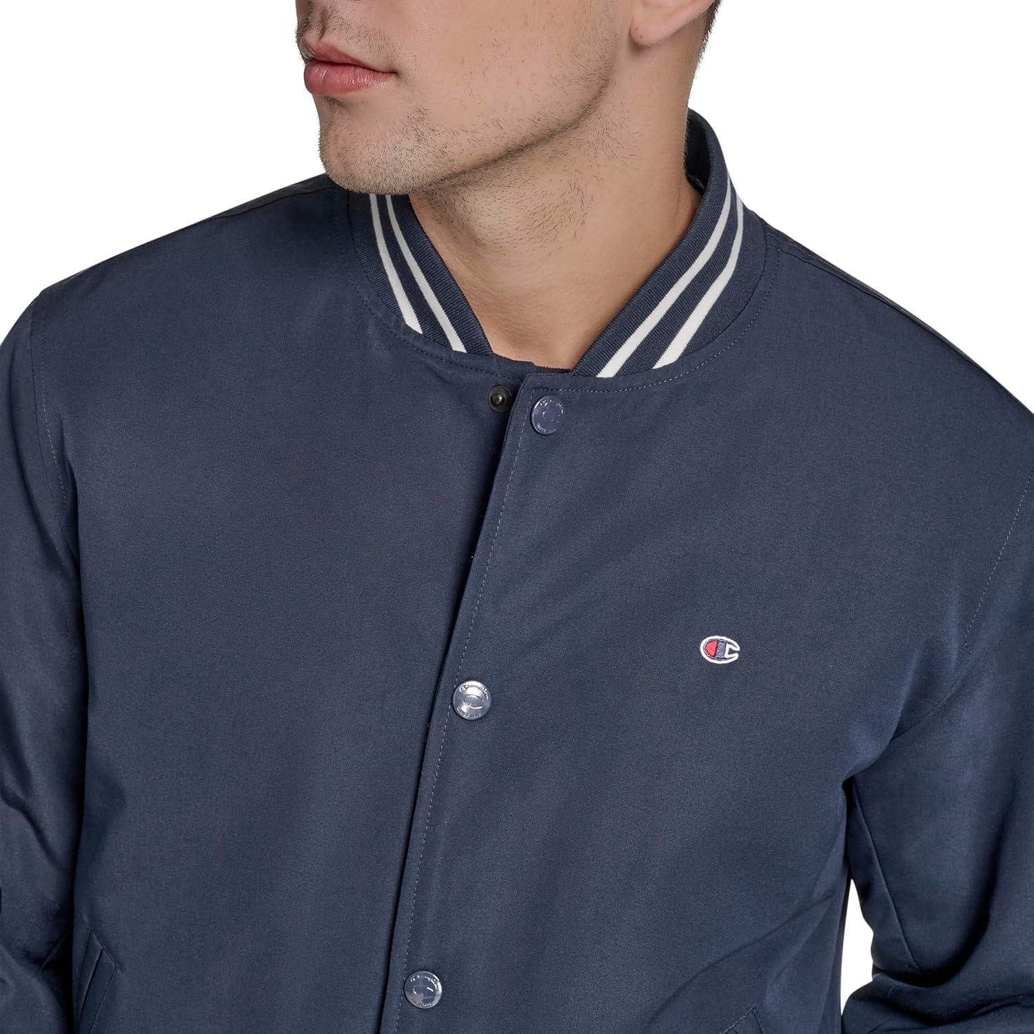 imageChampion mens Logo Stripedtrim Varsity JacketPeacoat Matte Filled