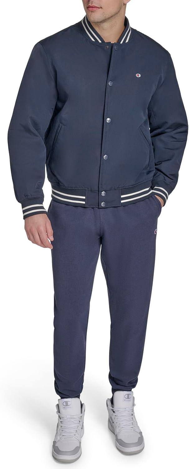 imageChampion mens Logo Stripedtrim Varsity JacketPeacoat Matte Filled