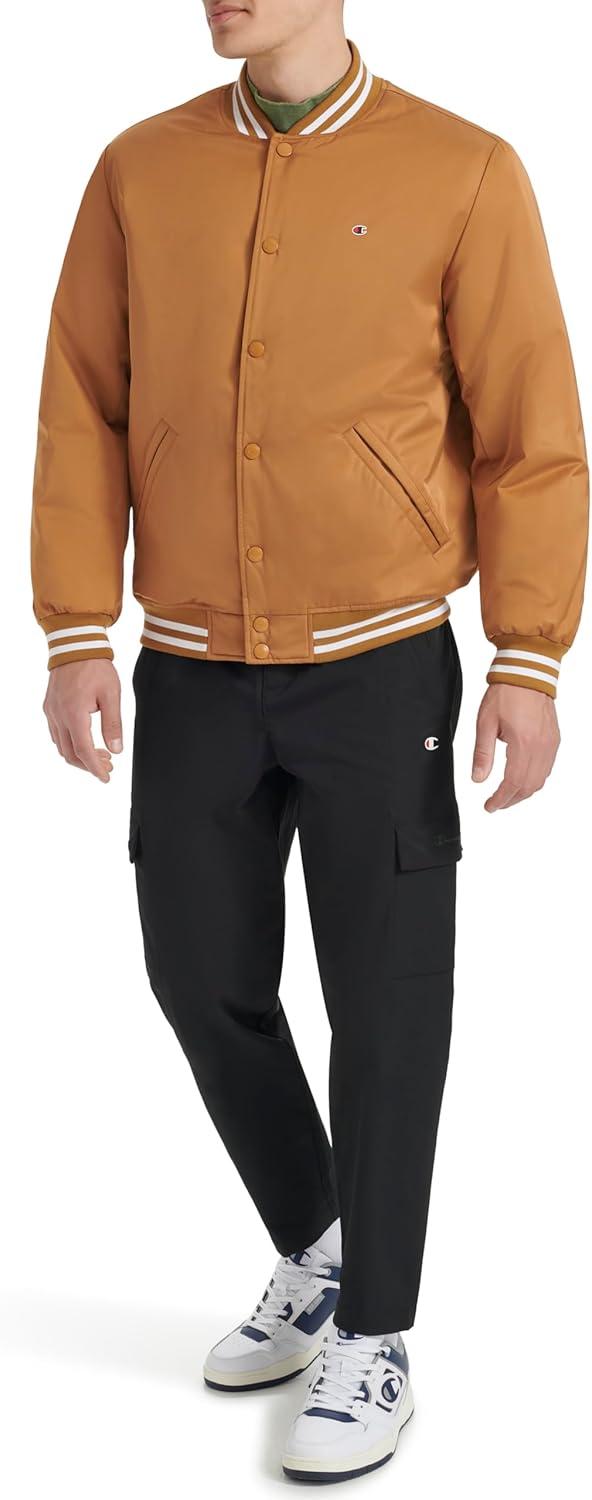 imageChampion mens Logo Stripedtrim Varsity JacketTobacco