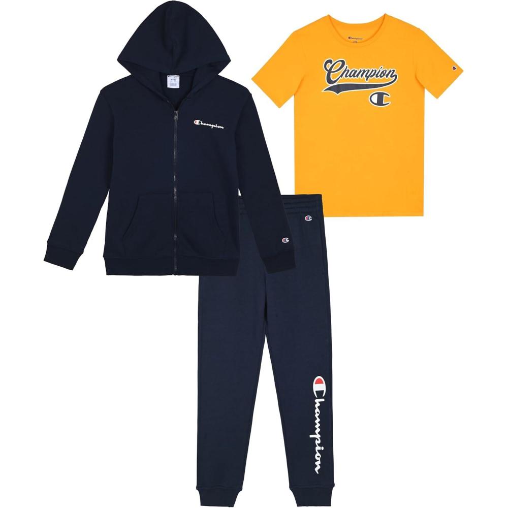 imageChampion Boys Sweatsuit Set for Kids 3 Piece Boys Hoodie Jogger and Tee Shirt Tracksuit OutfitNavy Yellowzip