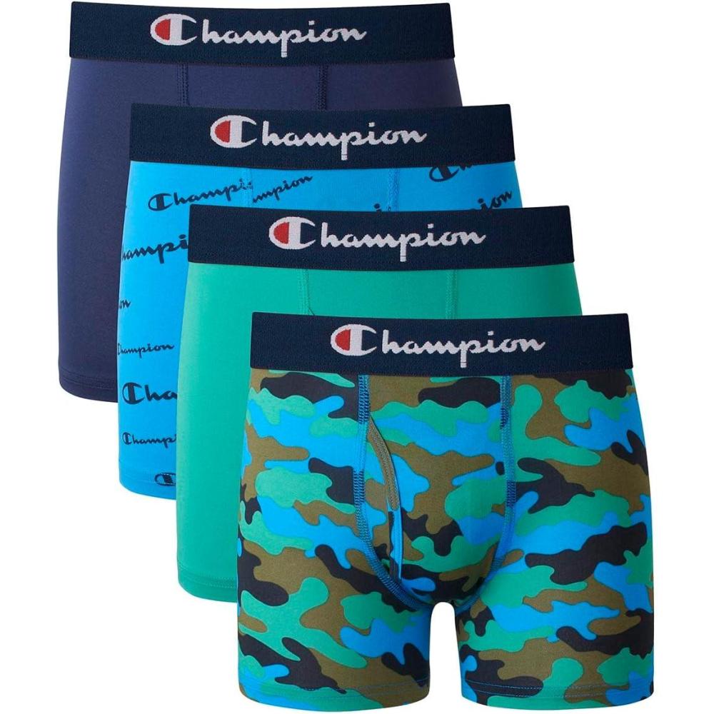 imageChampion Boys Underwear Everyday Active Stretch Boxer Briefs Assorted 4pack Boxer BriefsNavyGreenCamoScripts