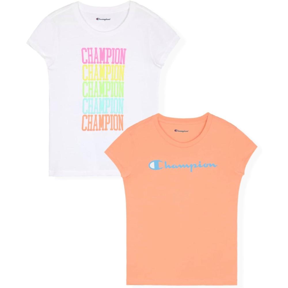 imageChampion Girls Tee Shirt for Kids Short Sleeve TShirt Girls TopsBright Whitepapaya Punch