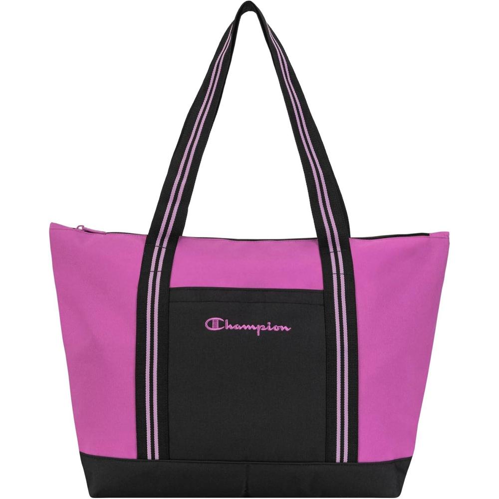 imageChampion Varsity Tote Bag with Zip Closure and Interior Mesh Pockets for Work Travel Daily Use Our Favorite FuchsiaOur Favorite Fuchsia