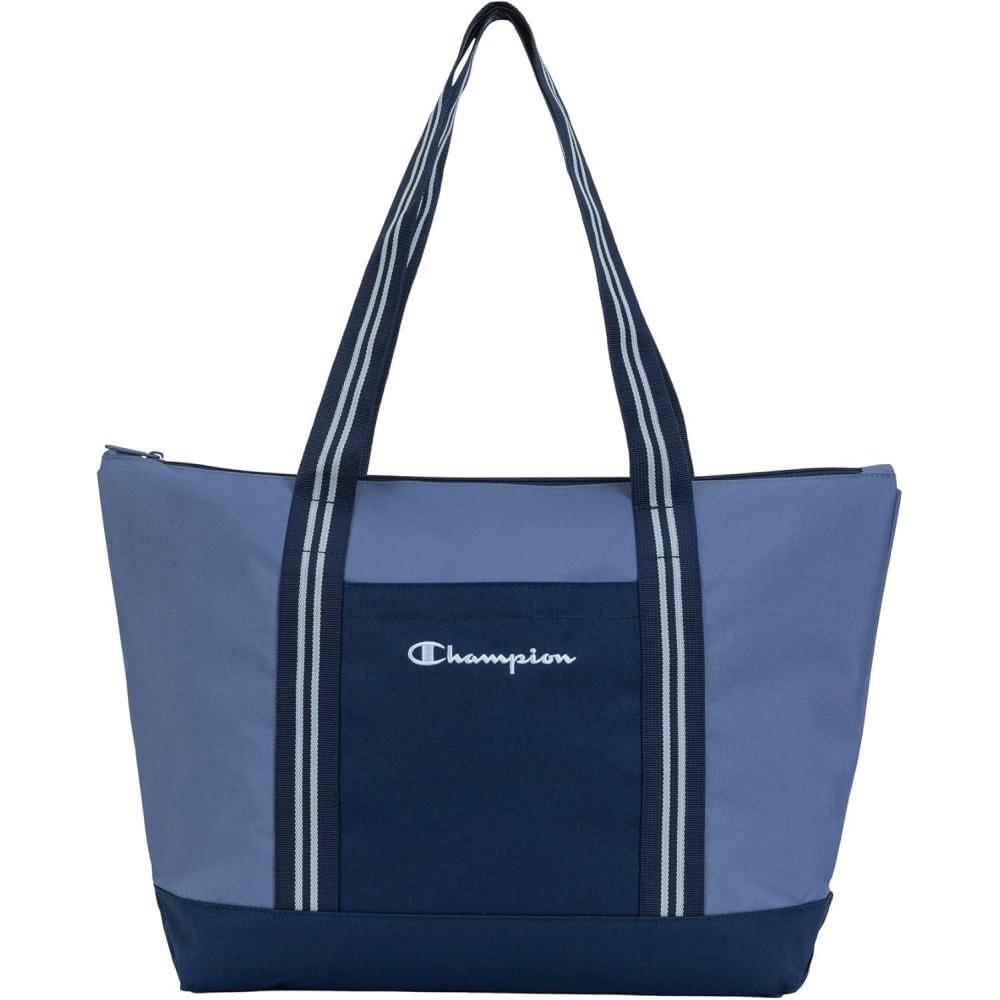 imageChampion Varsity Tote Bag with Zip Closure and Interior Mesh Pockets for Work Travel Daily Use Our Favorite FuchsiaSeven Seas BlueNavy