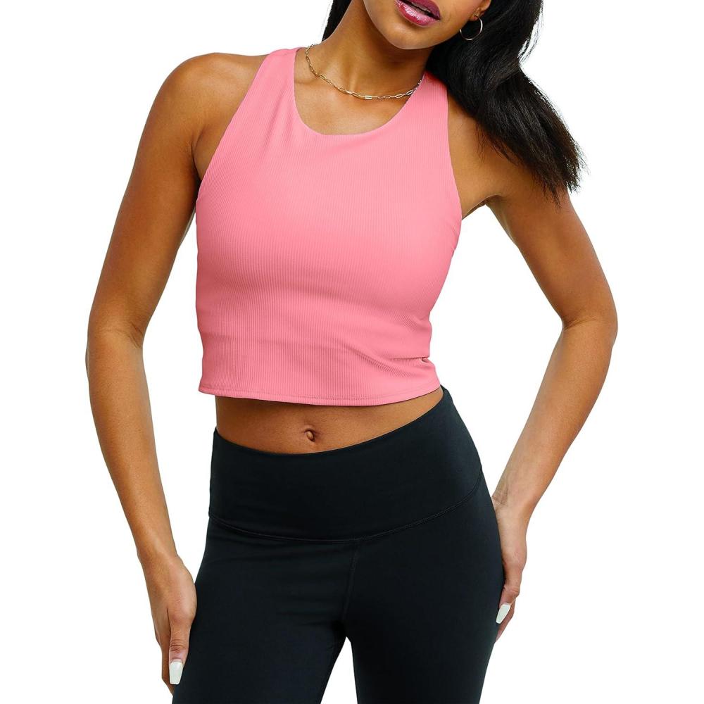 imageChampion Womens Crop Top Soft Touch Moisture Wicking Ribbed Cropped Top for WomenPink Star Ribbed