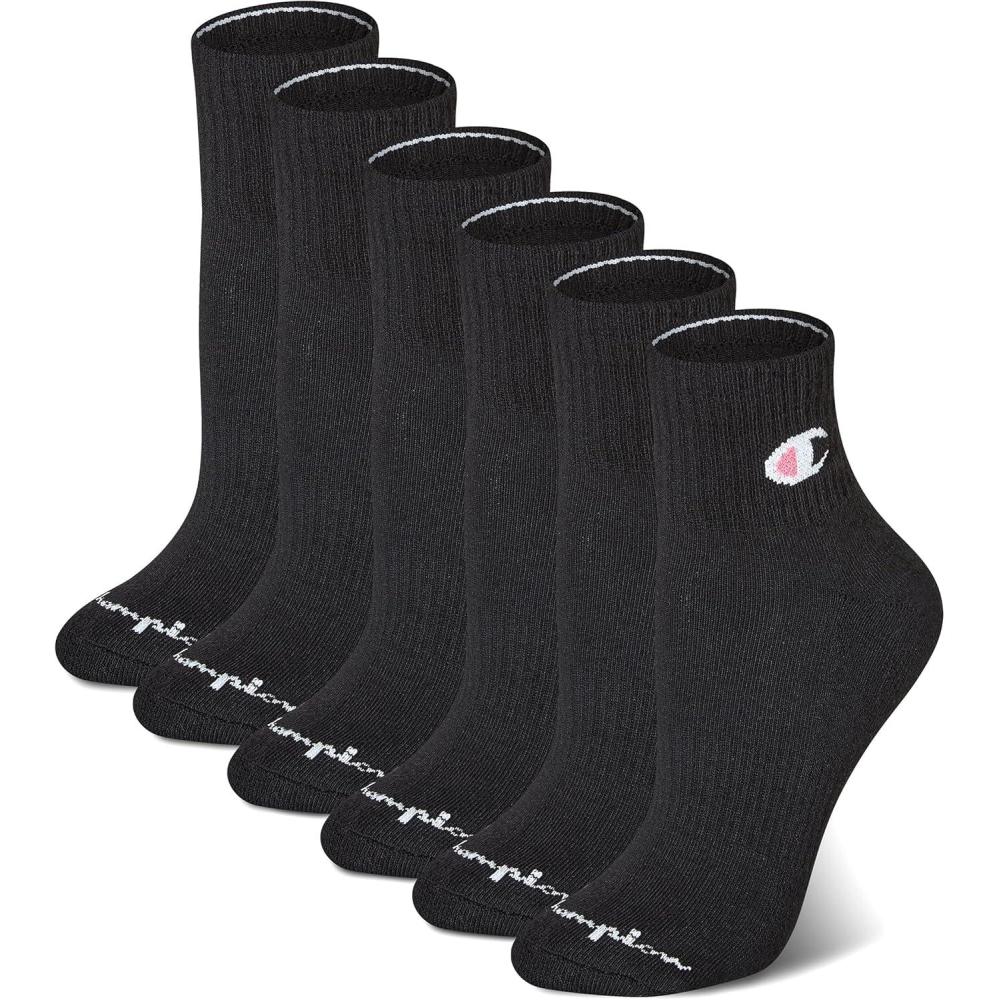 imageChampion Womens Cushioned Quarter Socks 6PackBlack  Toe Logo