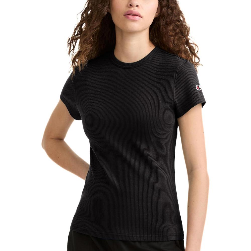 imageChampion Womens Slim Ribbed Tee Iconic C PatchBlack