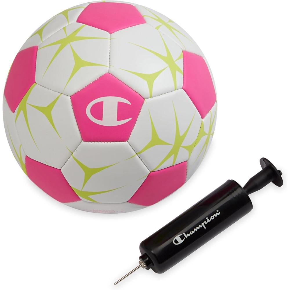 imageChampion Youth ampamp Adult Soccer Ball Paneled Design Enhanced Control Durable Cover ampamp Butyl Bladder for Indoor ampamp Outdoor Training Sizes 3 4 5 Includes 6quot PumpWhiteOptic PinkEvening Primrose