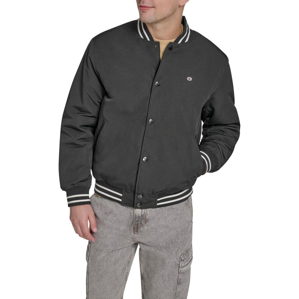 imageChampion mens Logo Stripedtrim Varsity JacketBlack Matte Filled
