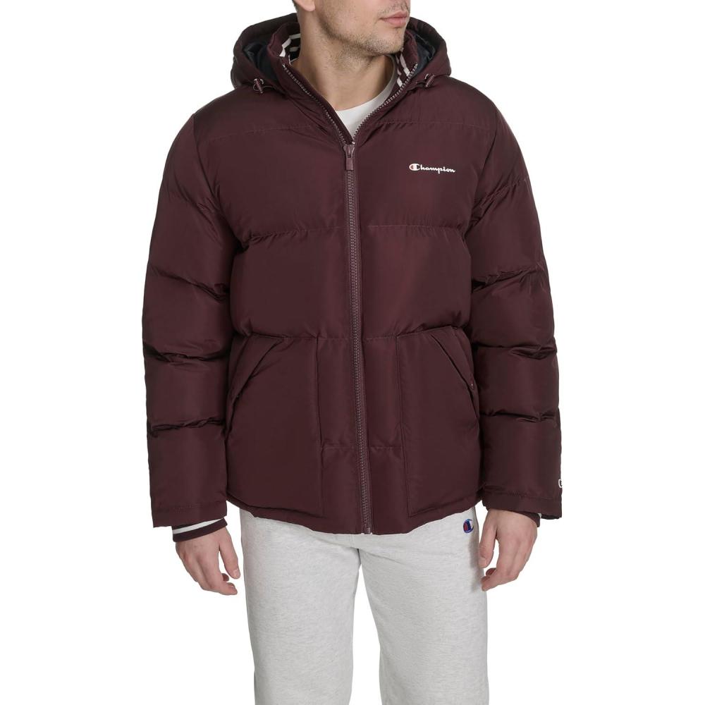 imageChampion mens Quilted Fullzip Hooded Puffer JacketWine Patch Pocket