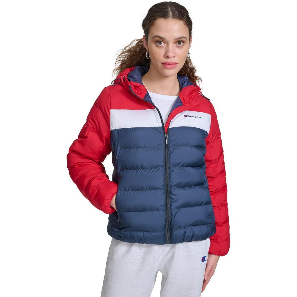 imageChampion womens Quilted Coat Packable Puffer Jacket With HoodRedNavy Combo