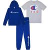 Champion Boys Sweatsuit Set for Kids 3 Piece Boys Hoodie Jogger and Tee Shirt Tracksuit Outfit(Blue-grey Heather)