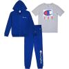 Champion Boys Sweatsuit Set for Kids 3 Piece Boys Hoodie Jogger and Tee Shirt Tracksuit Outfit(Blue-grey Heather Zip)