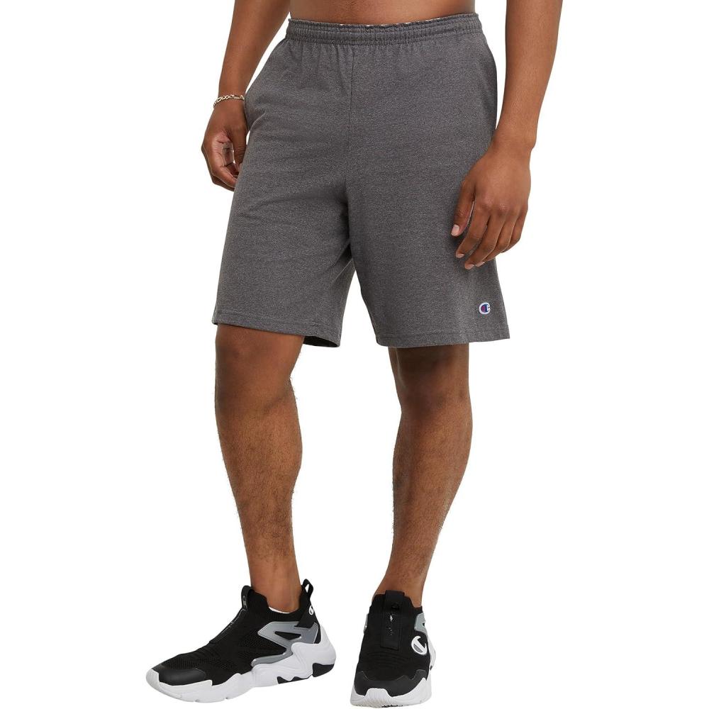 imageChampion Mens 9quot Lounge Shorts Standard Fit Lightweight Available in Regular and Big ampamp TallGranite Heather  C Logo