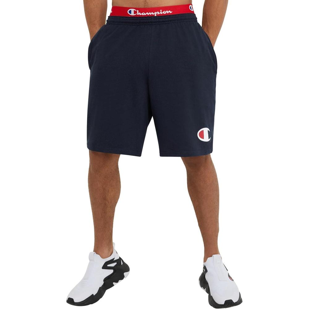 imageChampion Mens 9quot Lounge Shorts Standard Fit Lightweight Available in Regular and Big ampamp TallNavy C Logo