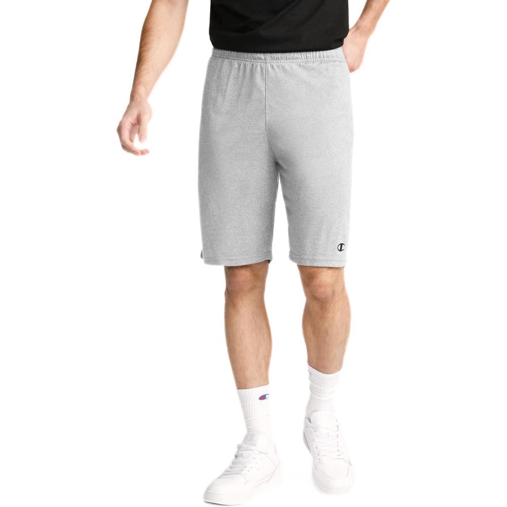 imageChampion Mens 9quot Lounge Shorts Standard Fit Lightweight Available in Regular and Big ampamp TallOxford Gray  C Patch Logo