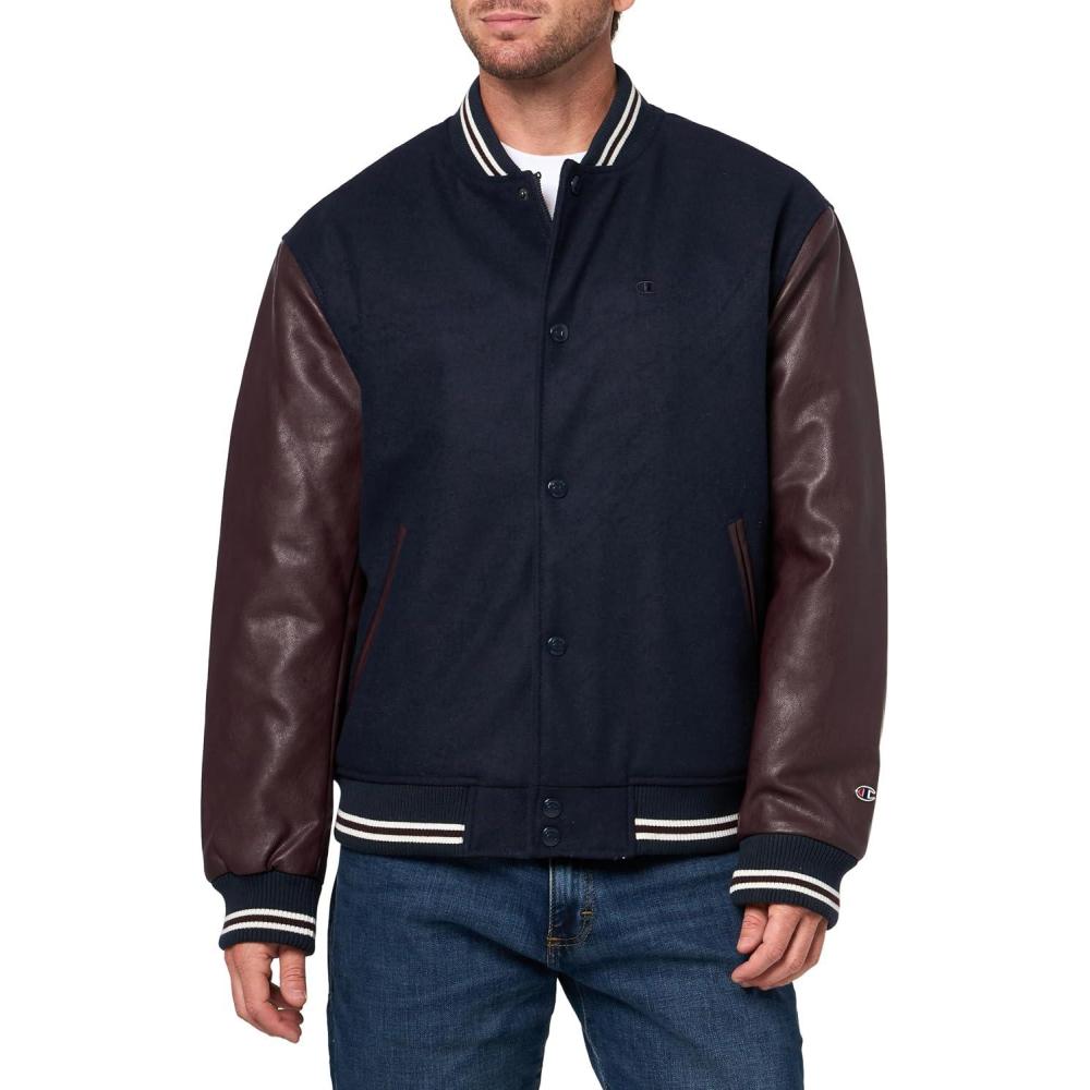 imageChampion mens Letterman Varsity Bomber Jacket With Faux Leather SleevesNavy  Burgundy