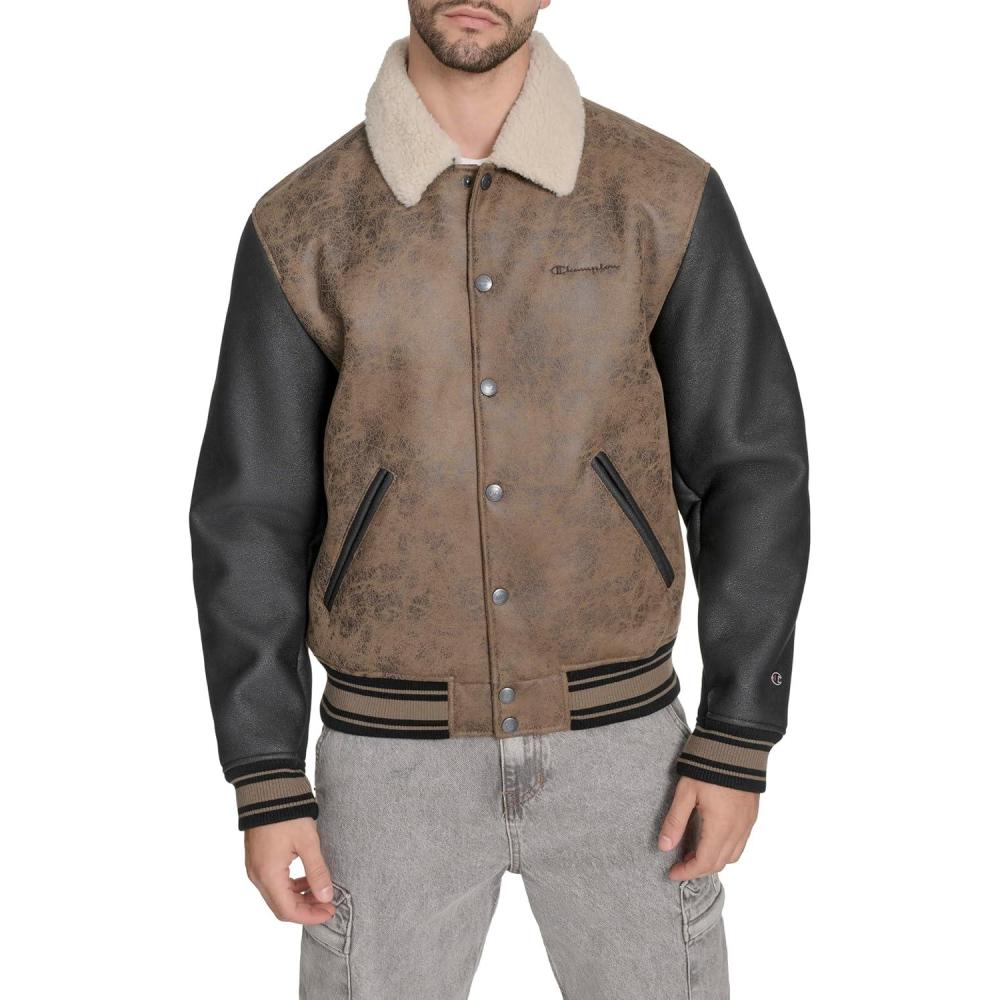 imageChampion mens Letterman Varsity Bomber Jacket With PatchesBrown Faux Shearling