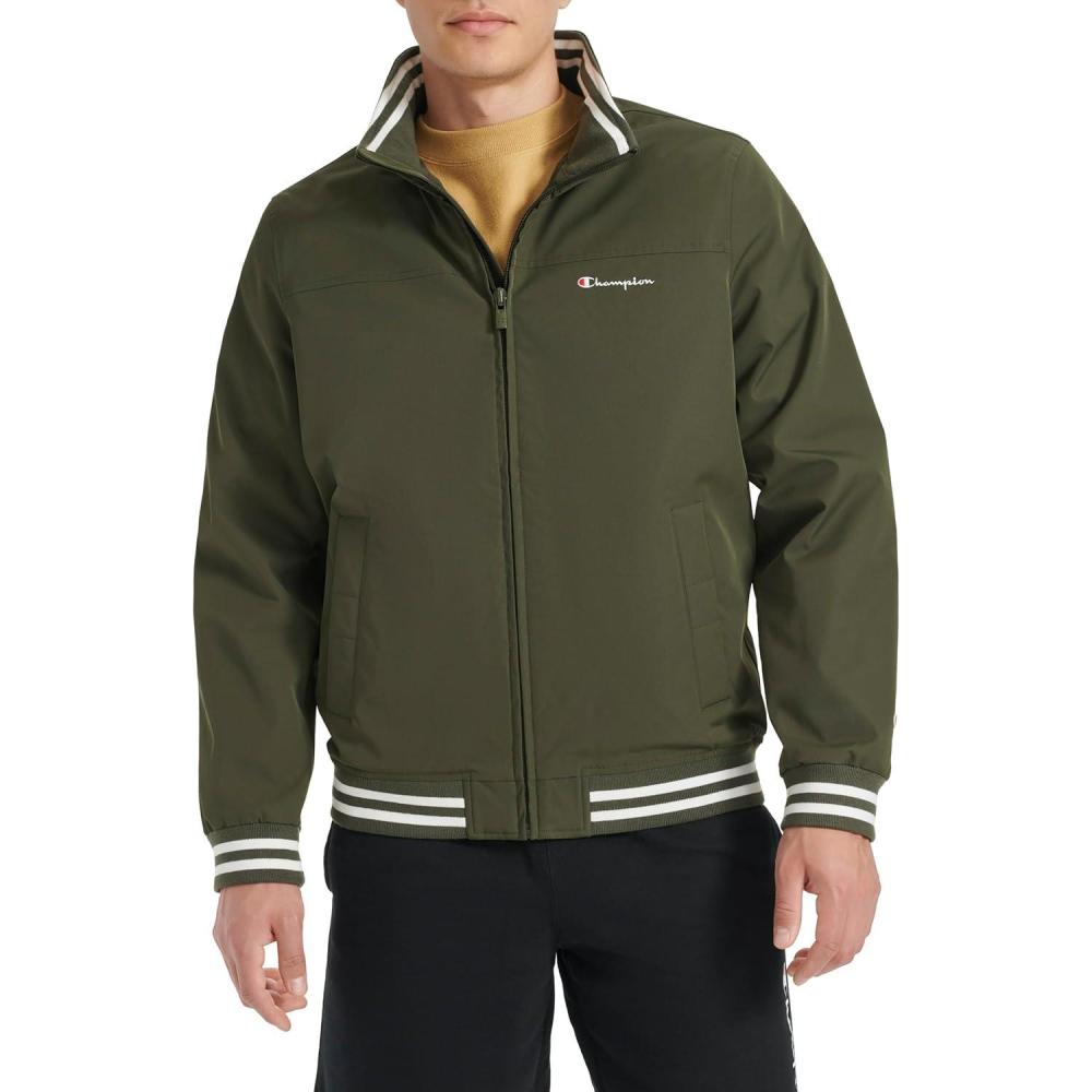 imageChampion mens Water Resistant Varsity Bomber Jacket With Flex Stand CollarForest Night
