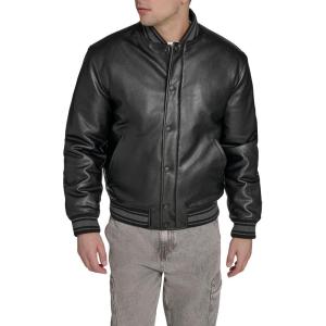 Champion mens Letterman Varsity Bomber Jacket With Patches(Black Faux Leather)