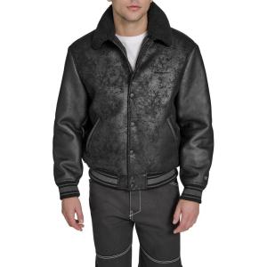 Champion mens Letterman Varsity Bomber Jacket With Patches(Black Faux Shearling)