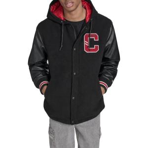 Champion mens Letterman Varsity Bomber Jacket With Patches(Black/Red With Hood)
