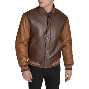 Champion mens Letterman Varsity Bomber Jacket With Patches(Brown Faux Leather)