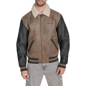 Champion mens Letterman Varsity Bomber Jacket With Patches(Brown Faux Shearling)