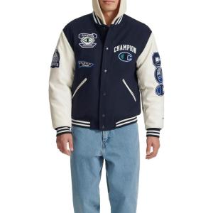 Champion mens Letterman Varsity Bomber Jacket With Patches(Navy/White)
