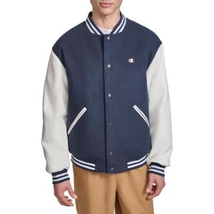 Champion mens Letterman Varsity Bomber Jacket With Quilted Lining & Embroidered Sleeves(Navy/White)
