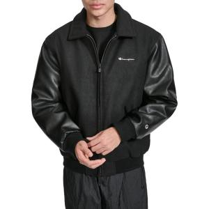 Champion mens Letterman Varsity Bomber Zipper Closure Jacket With Faux Leather Sleeves(Black)