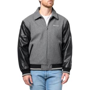 Champion mens Letterman Varsity Bomber Zipper Closure Jacket With Faux Leather Sleeves(Heather Grey / Black)
