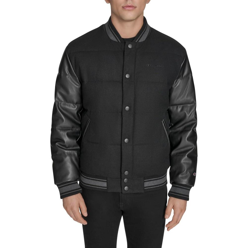 imageChampion mens Varsity Bomber Puffer JacketBlack Faux Leather