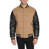 Champion mens Varsity Bomber Puffer Jacket(Camel/Black Faux Leather)