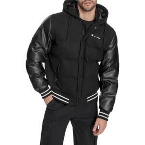Champion mens Varsity Bomber Puffer Jacket(Black Wool Hoody)