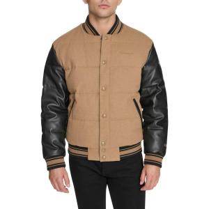 Champion mens Varsity Bomber Puffer Jacket(Camel/Black Faux Leather)
